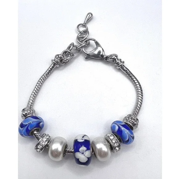 Blue Charm Bead Bracelet Silver Tone Adjustable 7–8.5" Rhinestone Accents - Picture 1 of 4